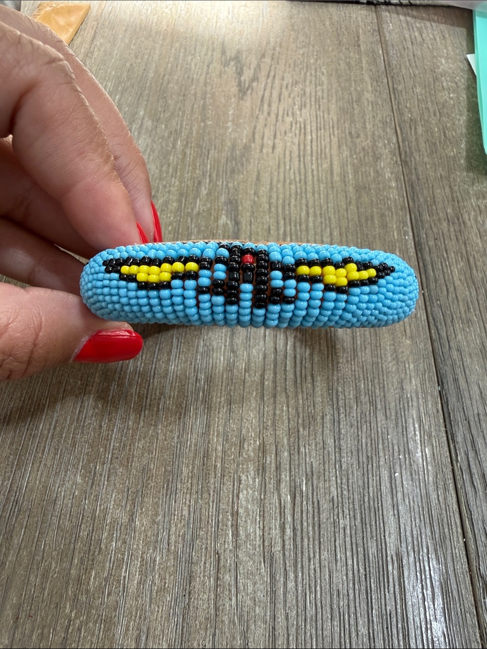 Vintage Thunderbird Turquoise, Yellow & Black Seed Beaded Bangle Bracelet